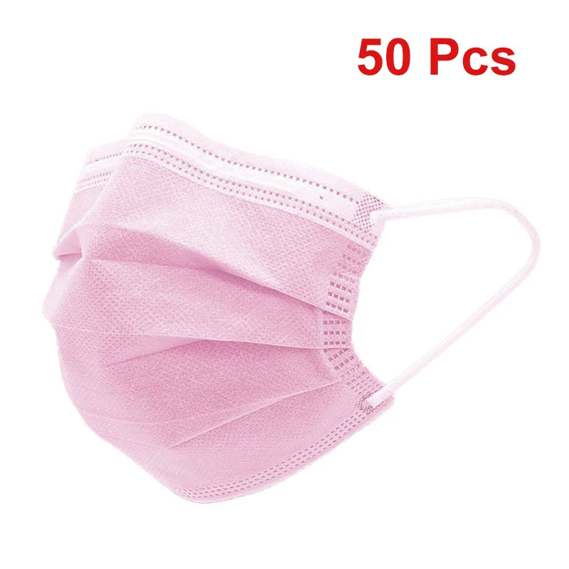 A pack of 50 pink disposable face masks.