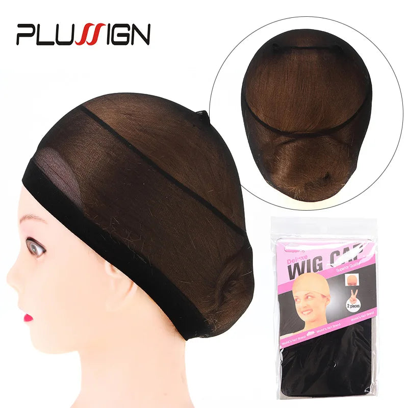 A black stretchable nylon wig cap is shown on a mannequin head, with an inset image displaying the product.