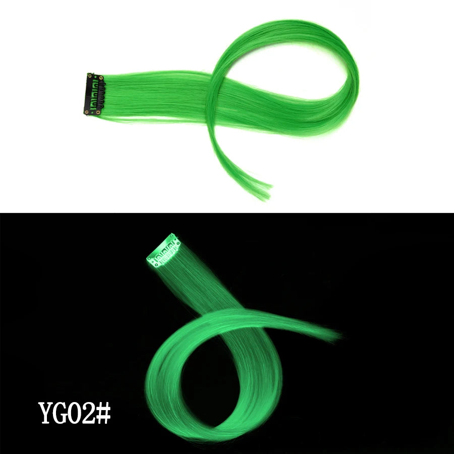 A bright lime green synthetic hair extension shown coiled on a clip.