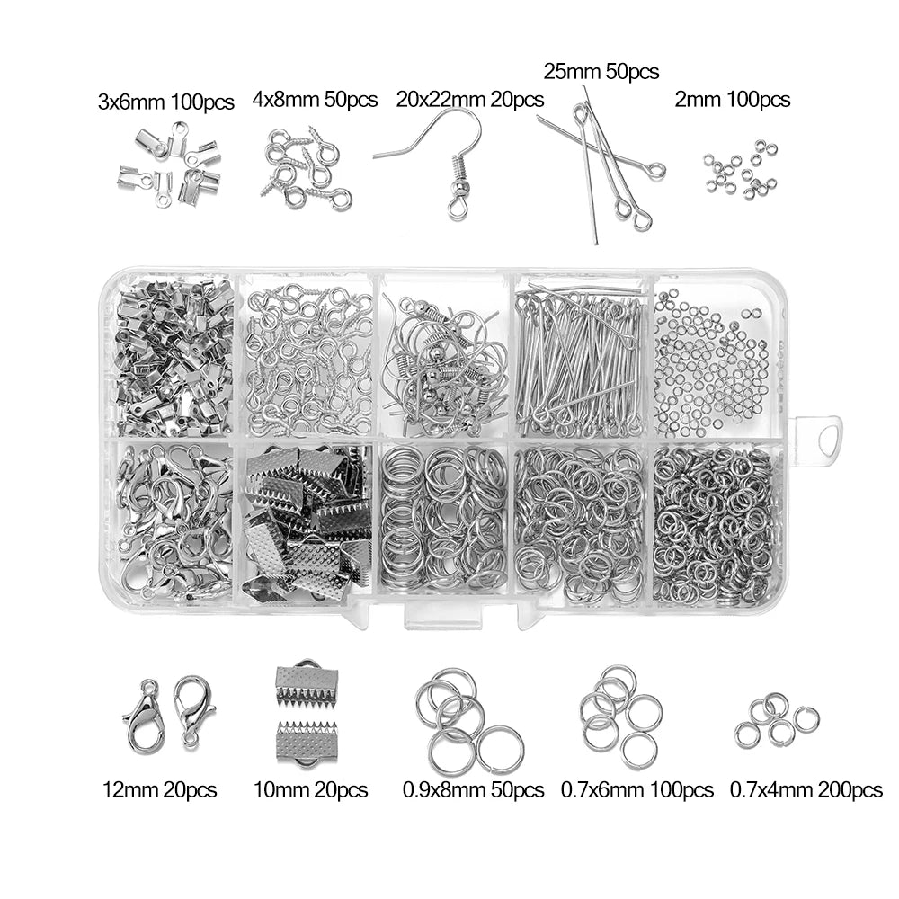 A collection of silver jewelry findings including clasps, hooks, jump rings, and various wire components in small packs.