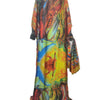 An elegant printed silk kaftan dress featuring vibrant colors and natural motifs.