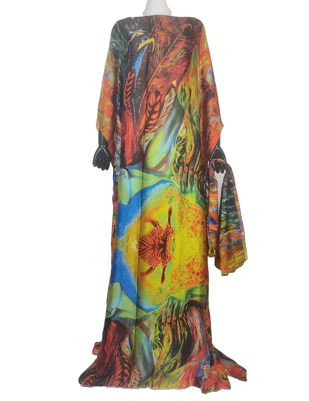 An elegant printed silk kaftan dress featuring vibrant colors and natural motifs.