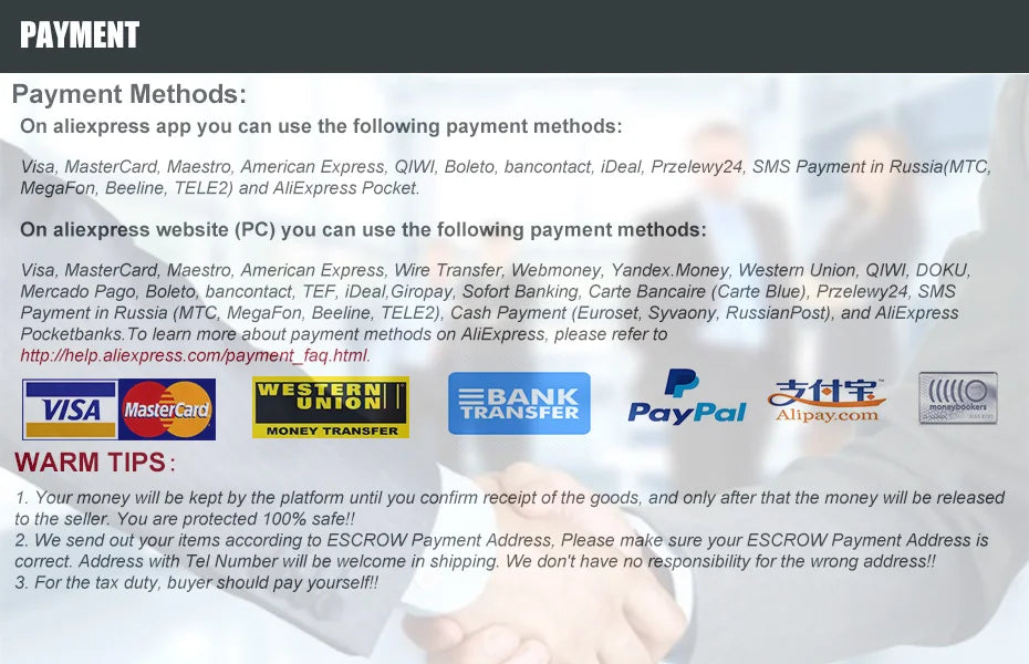 A graphic detailing various payment methods including Visa, MasterCard, PayPal, and bank transfers for an Aliexpress product.
