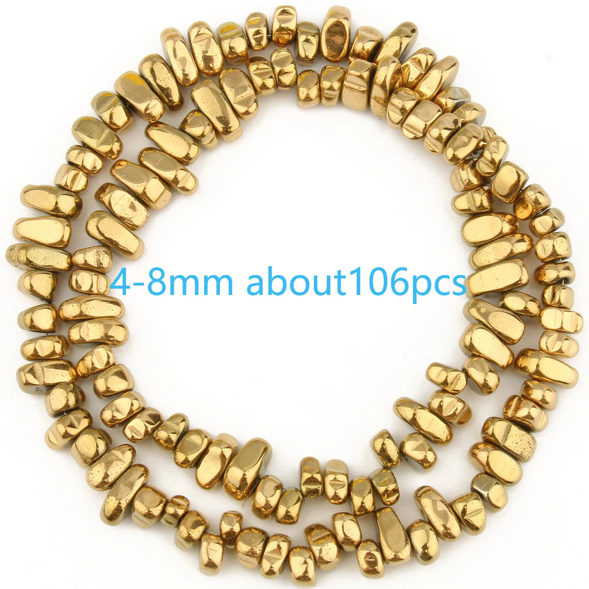 A circular arrangement of small, gold-plated hematite round cube beads for DIY jewelry.
