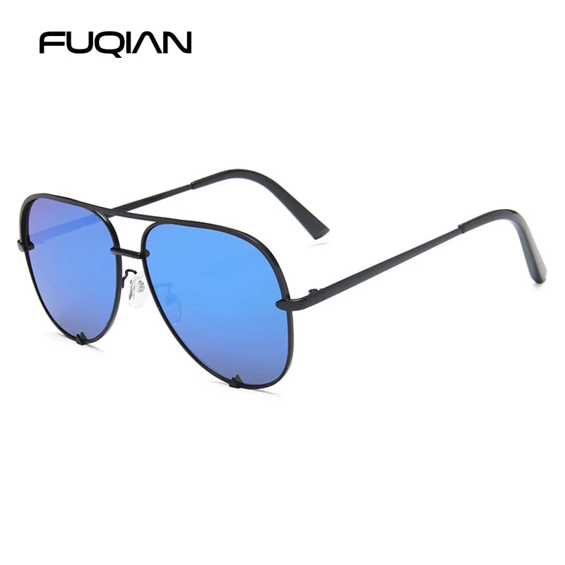 Classic metal aviator sunglasses with a gradient blue lens and black frame shown against a white background.