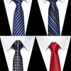 Four images showing men's silk jacquard ties in navy blue, black, and red, displayed on a white shirt collar against a black 