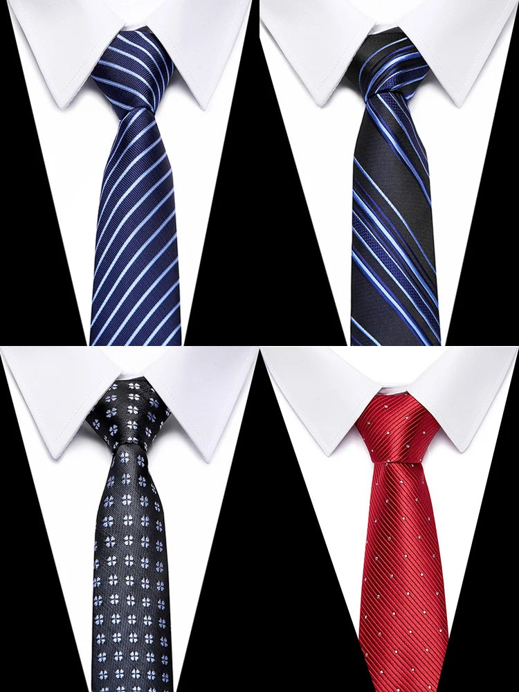 Four images showing men's silk jacquard ties in navy blue, black, and red, displayed on a white shirt collar against a black 