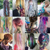 A collection of long, colorful synthetic hair extensions featuring various shades of rainbow colors and styles.