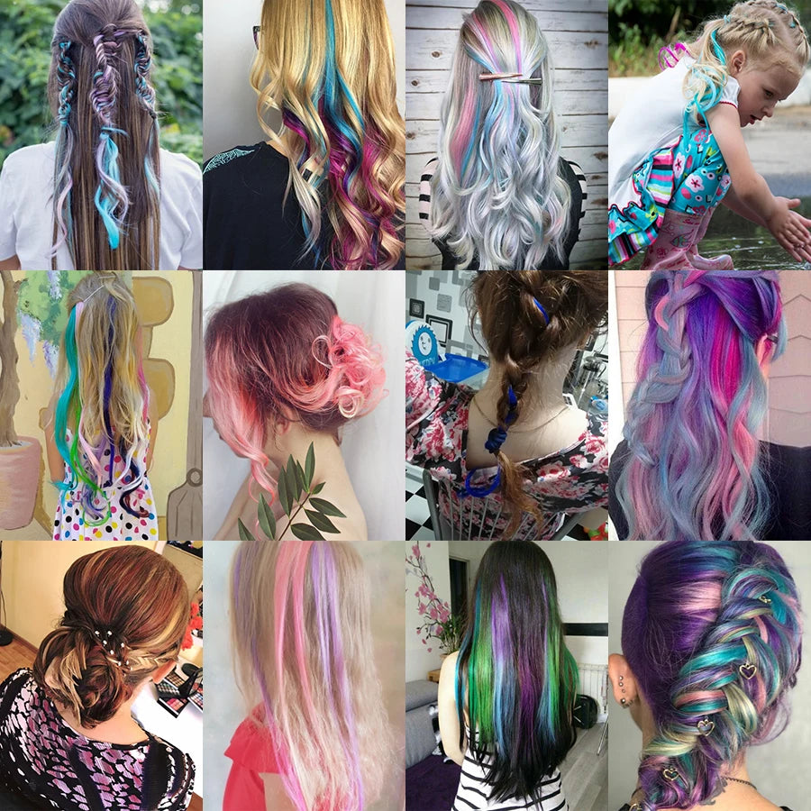 A collection of long, colorful synthetic hair extensions featuring various shades of rainbow colors and styles.