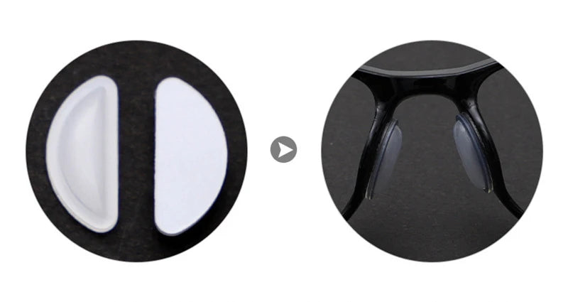 A black silicone nose pad for eyeglasses, shown in two views.