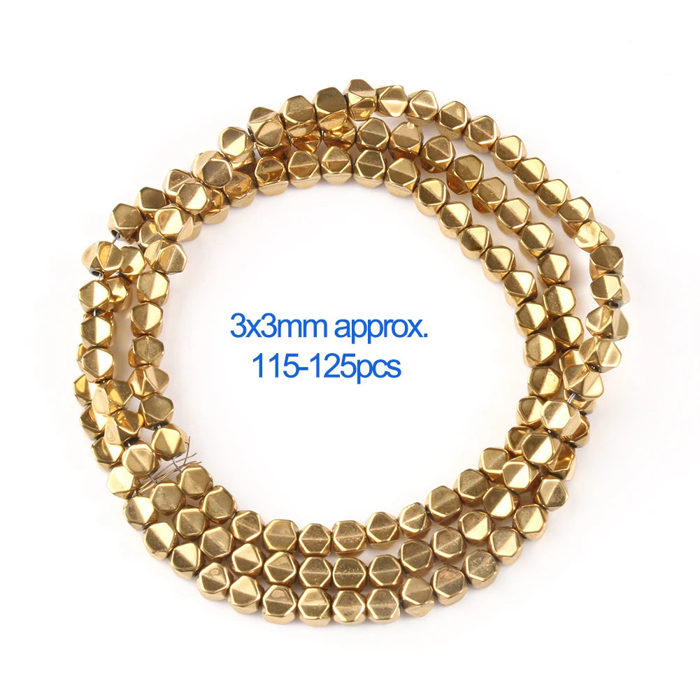 A circular arrangement of small gold-plated hematite round cube beads for DIY jewelry.