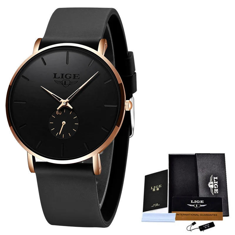 A black LIGE mens quartz sport watch with a gold-tone stainless steel case and black strap.