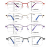 A set of progressive multifocus reading glasses with a thin frame and clear lenses shown in various magnification settings.