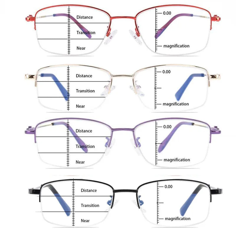 A set of progressive multifocus reading glasses with a thin frame and clear lenses shown in various magnification settings.