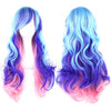 Long wavy synthetic hair wig featuring a rainbow ombre color transition from purple to pink
