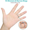 A hand is shown wearing a silicone ring size adjuster on a finger, with a close-up view of the adjustable ring.