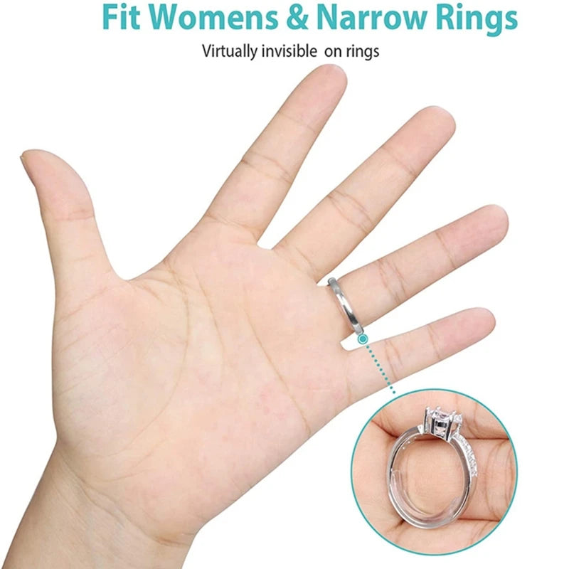 A hand is shown wearing a silicone ring size adjuster on a finger, with a close-up view of the adjustable ring.
