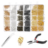 A set of jewelry findings including clasps, hooks, and jump rings displayed in clear compartments with various metal colors.