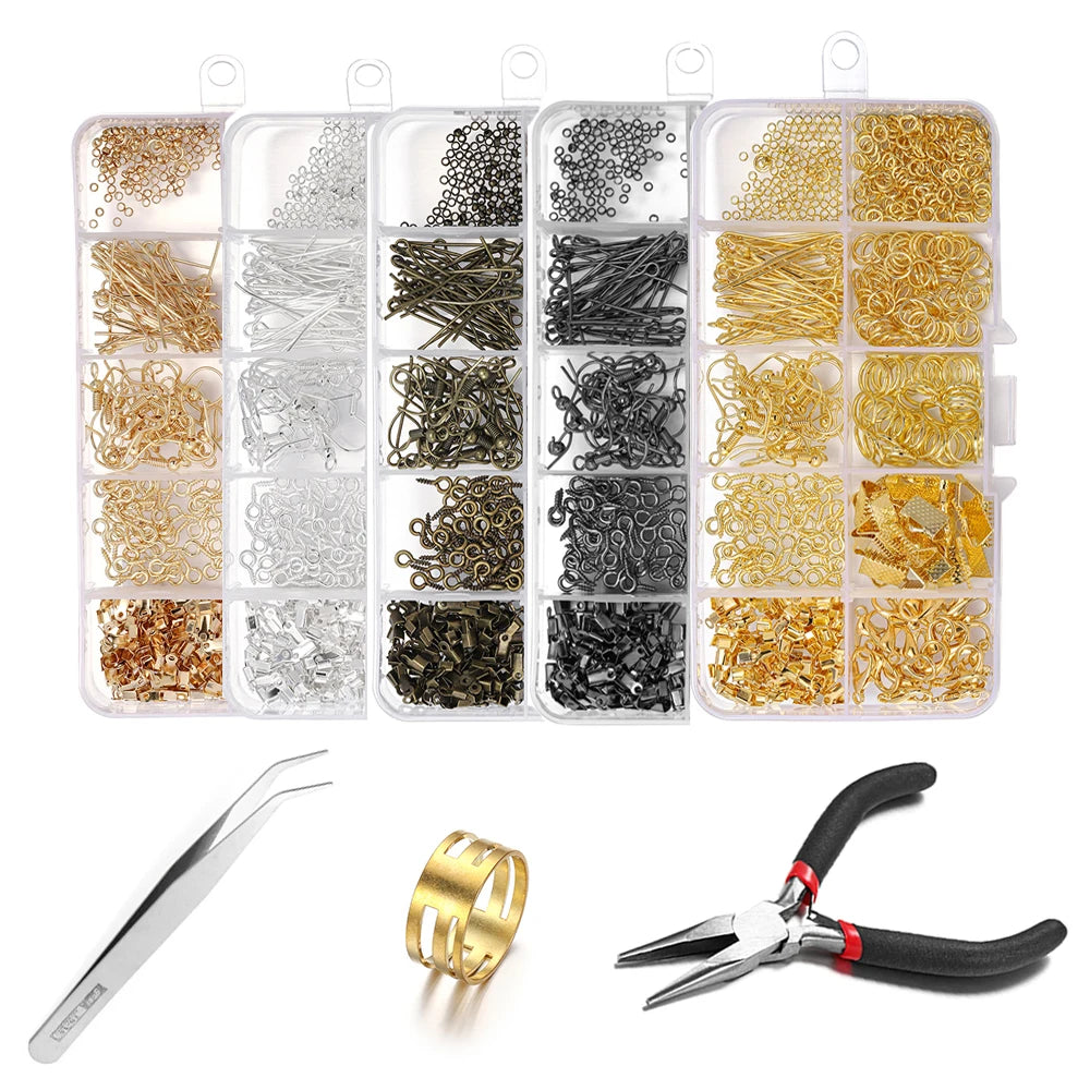 A set of jewelry findings including clasps, hooks, and jump rings displayed in clear compartments with various metal colors.