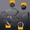 A set of black progressive multifocus reading glasses showing various components like the titanium frame, hinge, nose pads, a