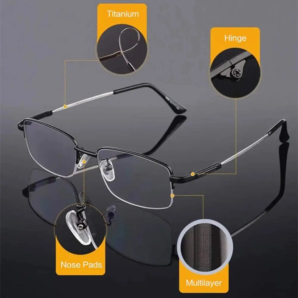 A set of black progressive multifocus reading glasses showing various components like the titanium frame, hinge, nose pads, a
