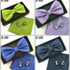 A collection of three elegant men's bow ties and cufflinks in various shades of green, purple, and blue.