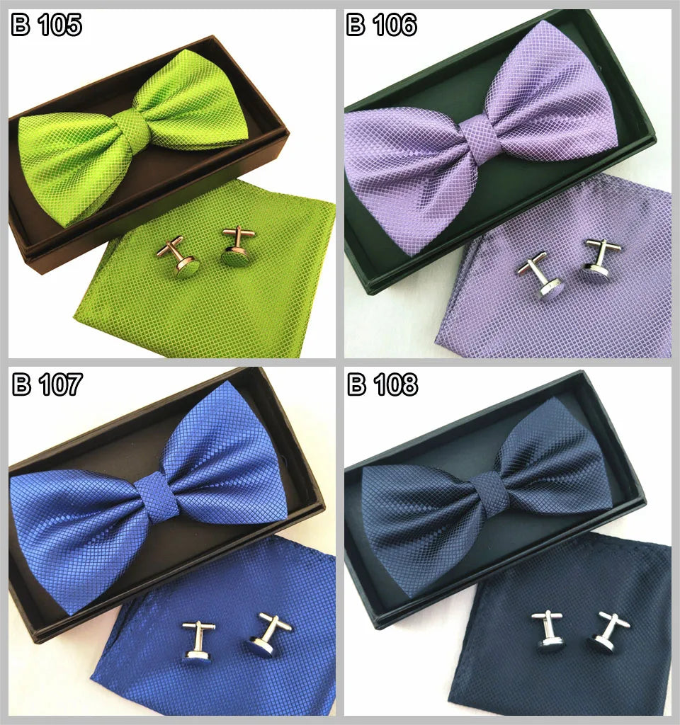 A collection of three elegant men's bow ties and cufflinks in various shades of green, purple, and blue.