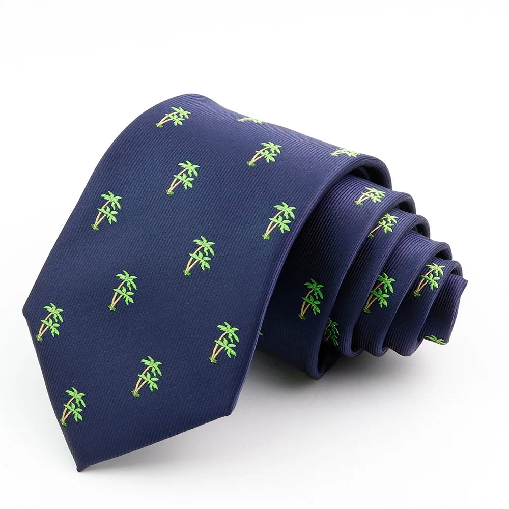 Corbata de seda jacquard azul marino para hombre con pequeño patrón de hoja de palma verde