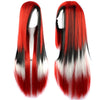 Long straight synthetic hair wig with a rainbow ombre effect featuring red, black, and white colors