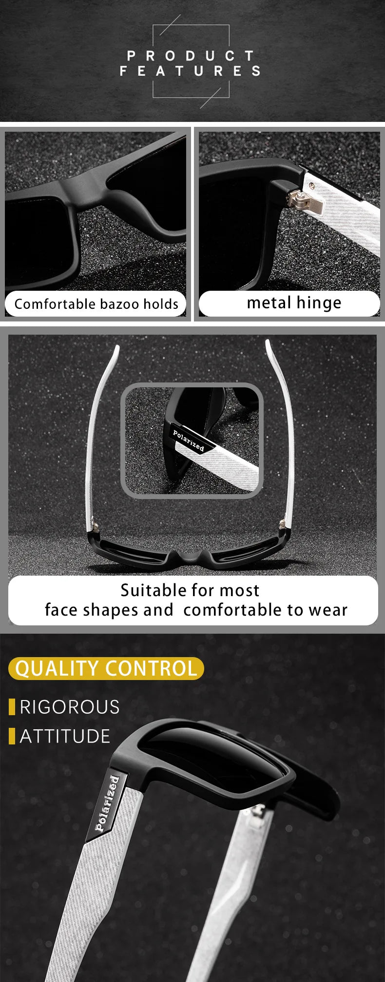 Close-up view of polarized sport sunglasses showing the metal hinge and comfortable fit.