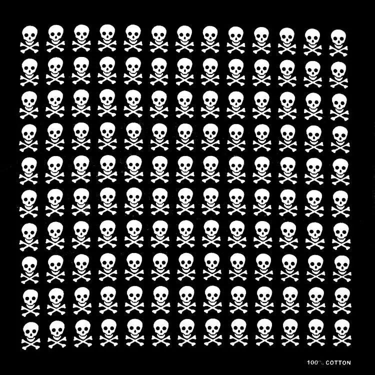 Una cuadrícula de iconos de calavera y tibias cruzadas usada como patrón para una bandana o bufanda