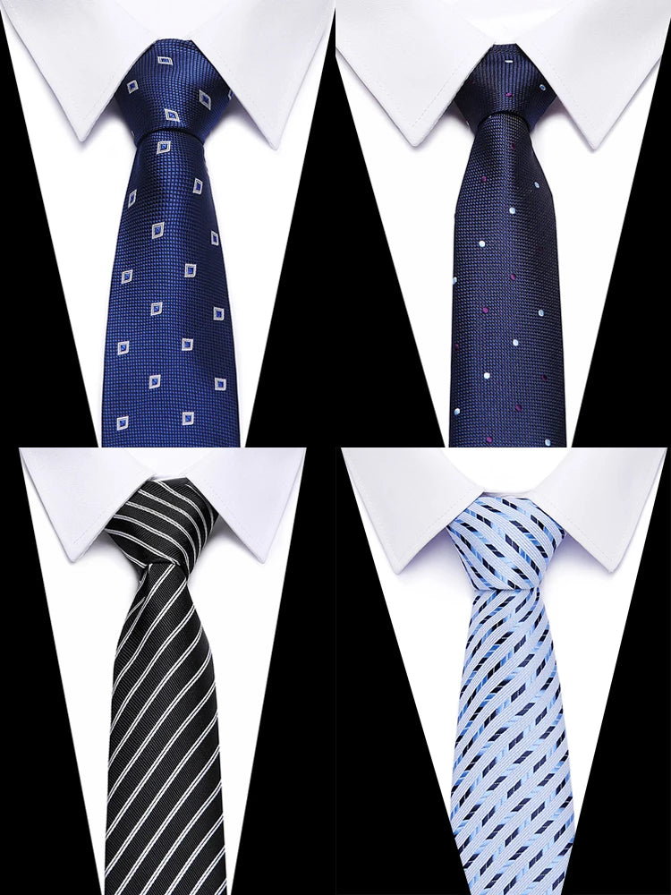 Three silk jacquard ties are displayed against a black background, showing blue patterned, black striped, and light blue patt