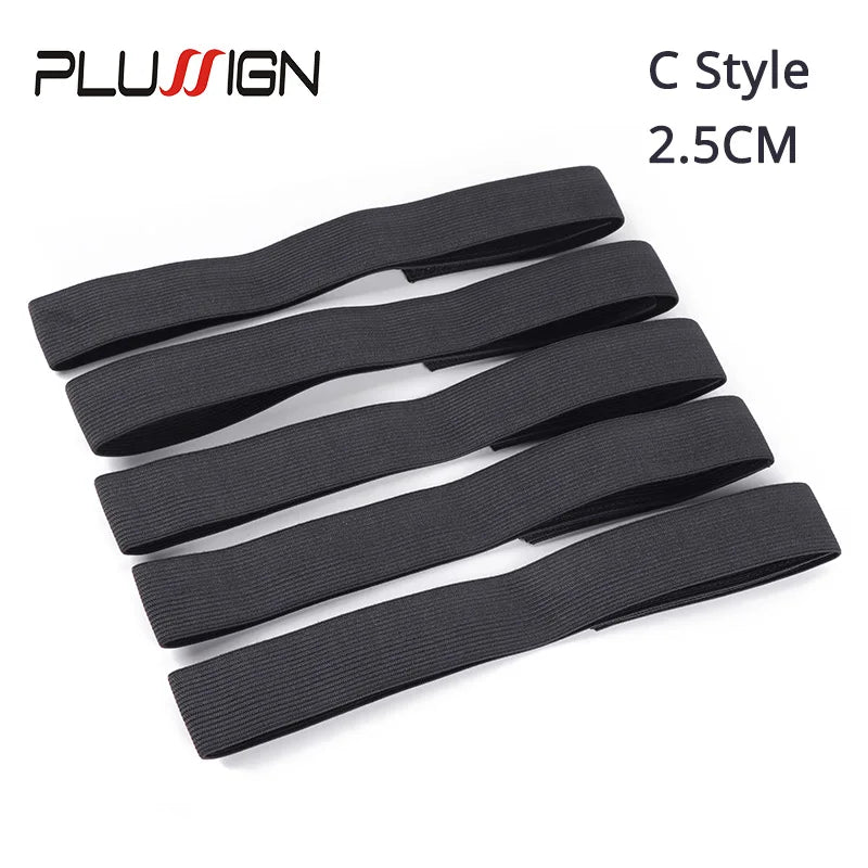 Black C style wig edge band with a 2.5cm width shown in multiple views
