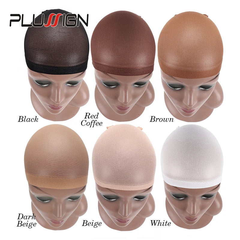 A collection of six stretchable nylon wig caps in various shades including black, red coffee, brown, dark beige, beige, and w