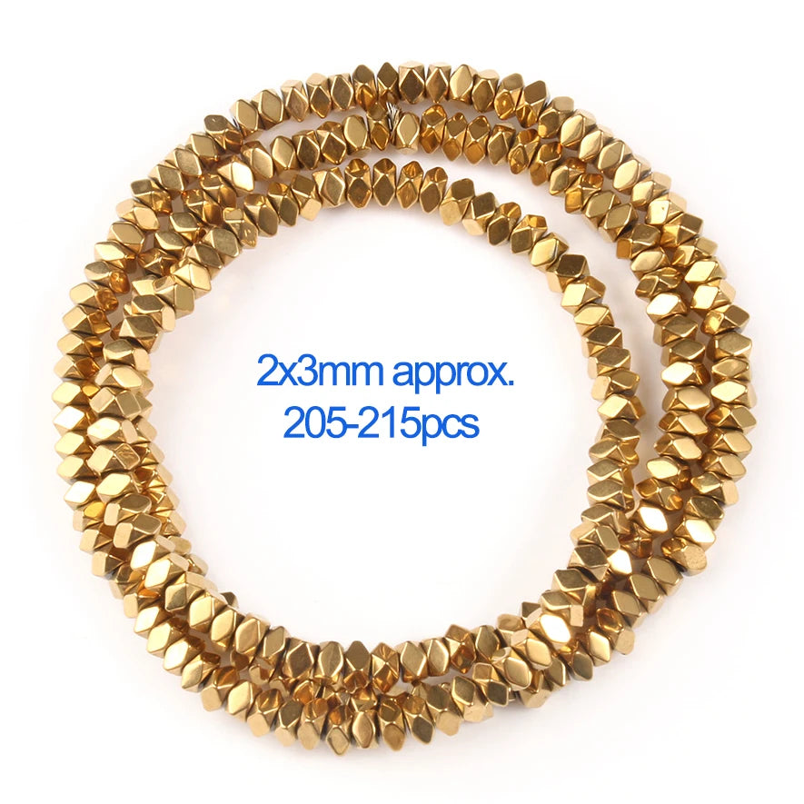 A circular arrangement of small, gold-plated hematite round cube beads for DIY jewelry.