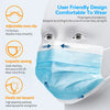 Light blue disposable face mask shown on a white model, highlighting features like an adjustable nose clip and elastic ear la