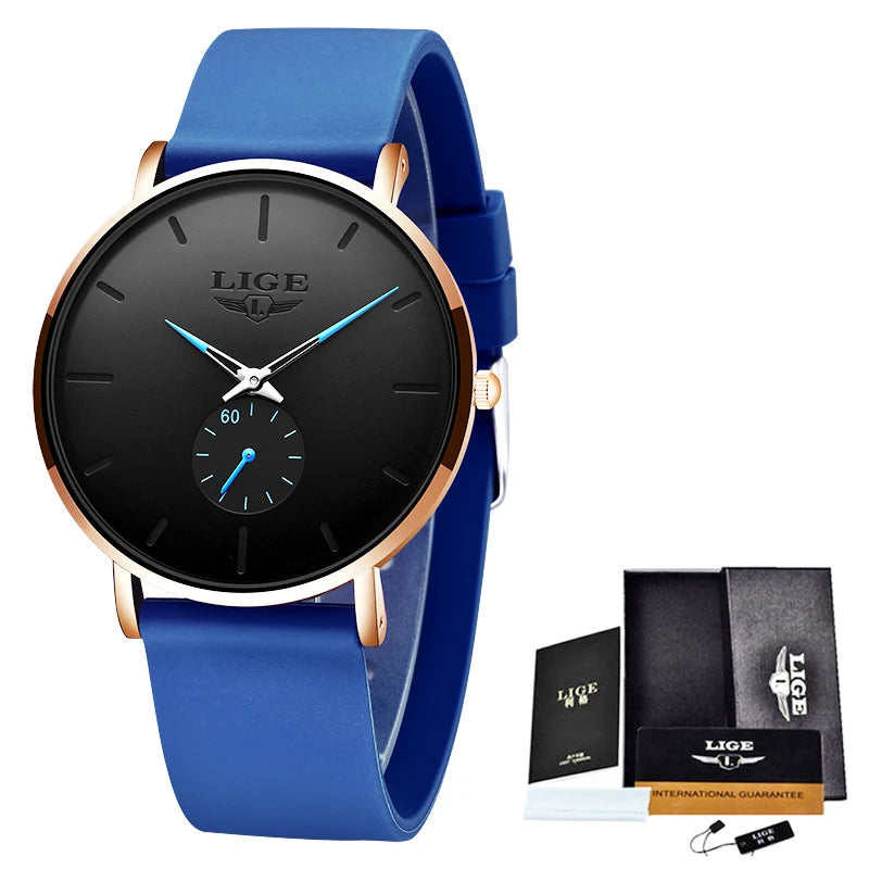 A dark blue LIGE mens quartz sport watch with a black face and gold accents on a blue strap.