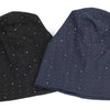 A black and navy rhinestone beanie hat shown in a flat lay view.