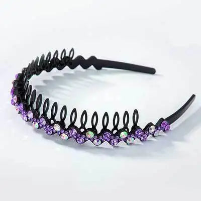 Black rhinestone anti-slip hairband for women with purple and green accents