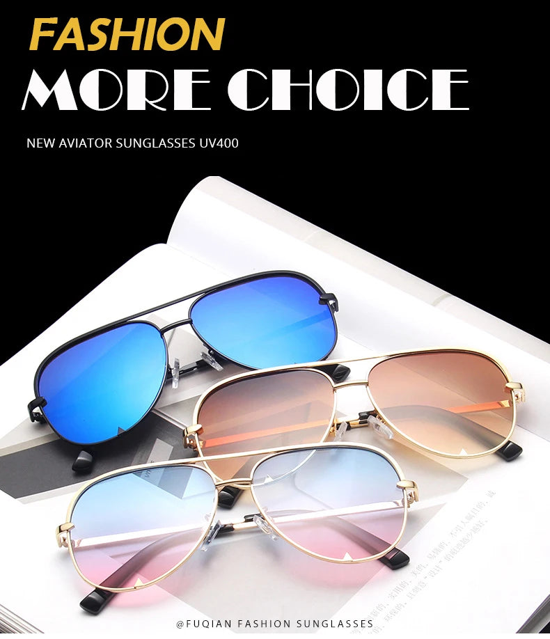 A pair of classic metal aviator sunglasses with a gradient black driver style frame and blue lenses displayed on a white surf