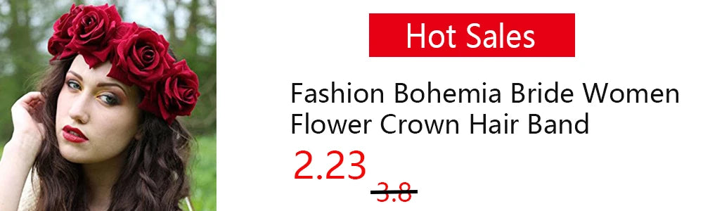 A close-up photo of a woman wearing a red rose flower crown hair band for bridal or bohemian style.