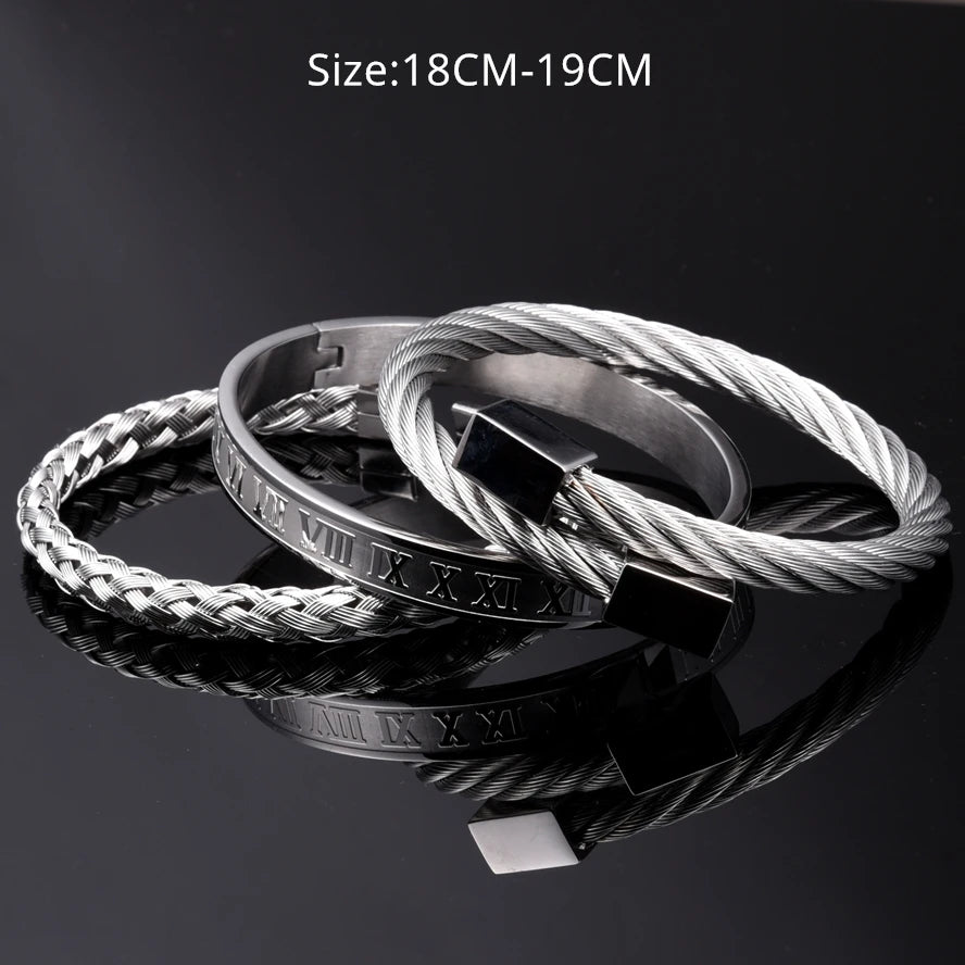 A silver stainless steel bracelet with Roman numerals is displayed on a dark surface.