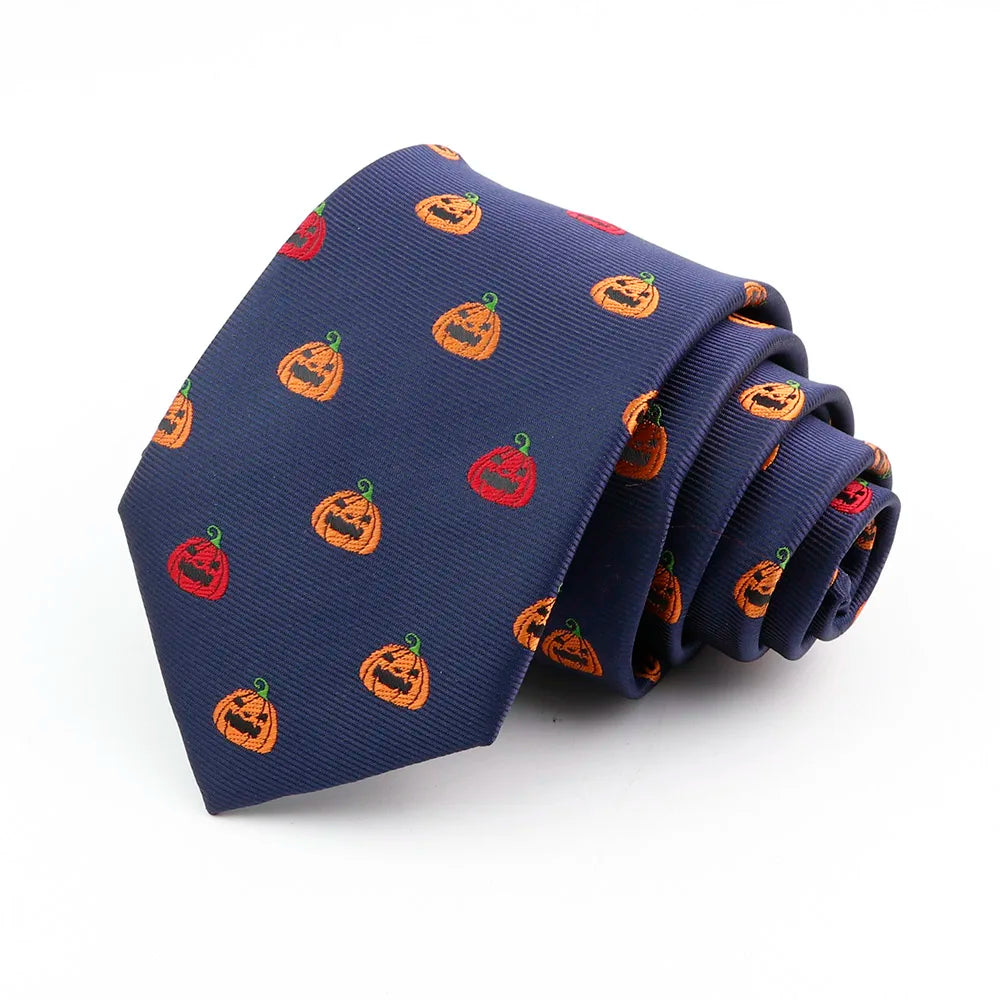 Corbata de seda jacquard azul marino con estampado de calabaza naranja