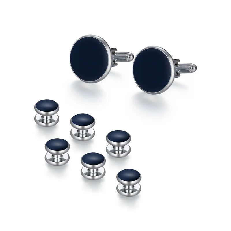 Un ensemble de boutons de manchette et de serre-cravate élégants pour hommes, avec des finitions en émail bleu foncé ou noir.