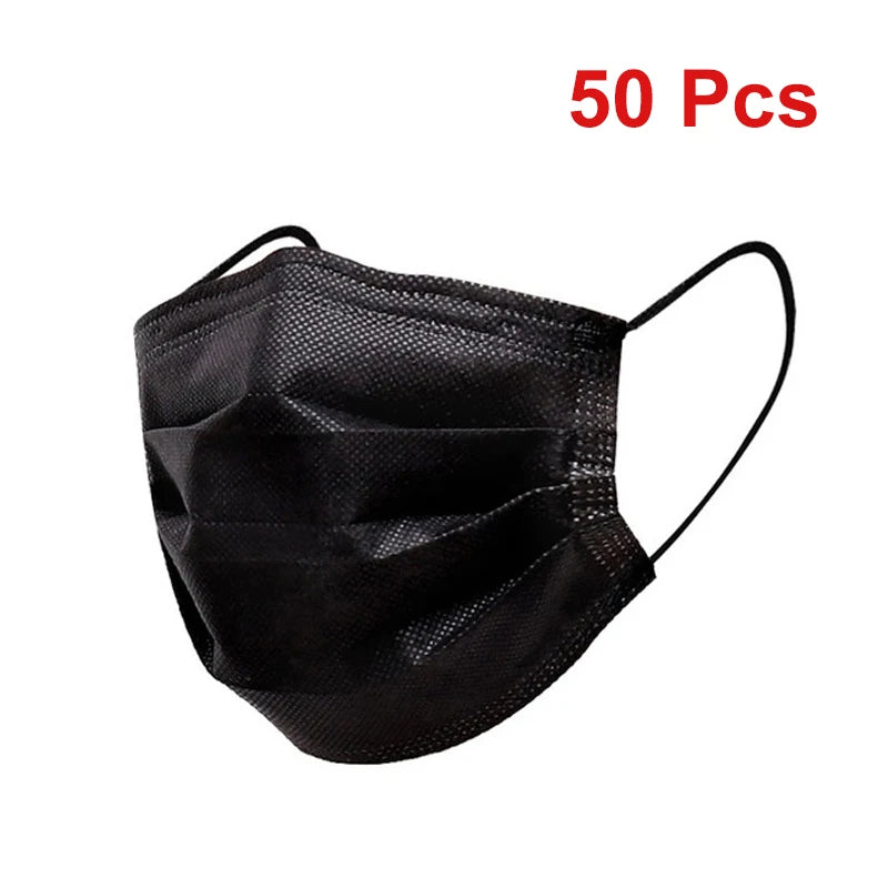 A pack of 50 black disposable face masks.