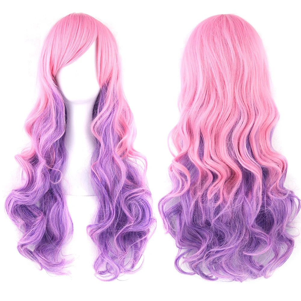 Long wavy synthetic hair wig featuring a rainbow ombre blend of pink and purple colors