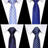 Four views of a men's silk jacquard tie in blue and black stripes and solid blue.