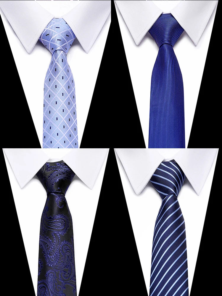 Four views of a men's silk jacquard tie in blue and black stripes and solid blue.