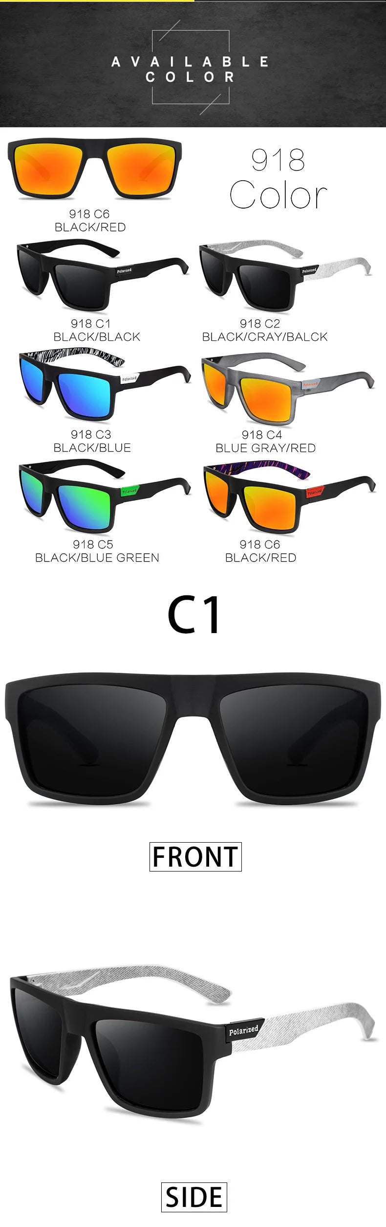A display of various 918 color polarized sport sunglasses, including black and red options.