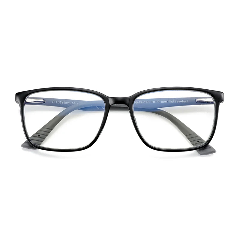 Une paire de lunettes de lecture noires carrées anti-lumière bleue avec des accents bleus.